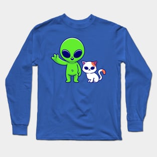 Cute Alien with Cat Cartoon Long Sleeve T-Shirt